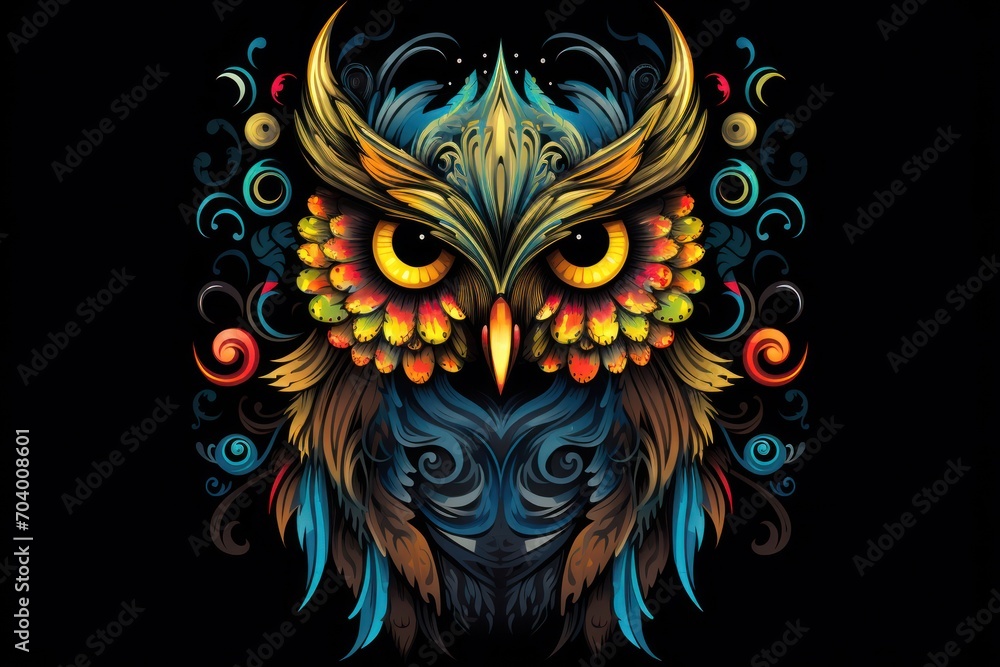 a colorful owl with big yellow eyes on a black background with swirls and swirls on its wings and the head of an owl with big yellow eyes on its head. a colorful owl with big yellow eyes on a black background with swirls and swirls on its wings and the head of an owl with big yellow eyes on its head.