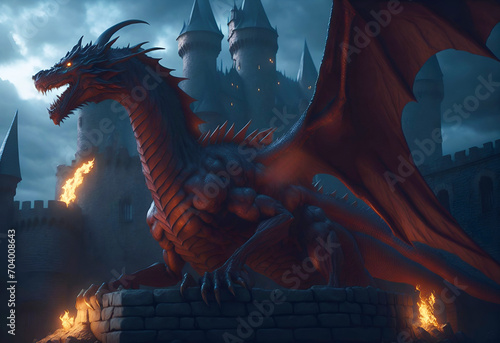 Dragon in the night with medieval castle
