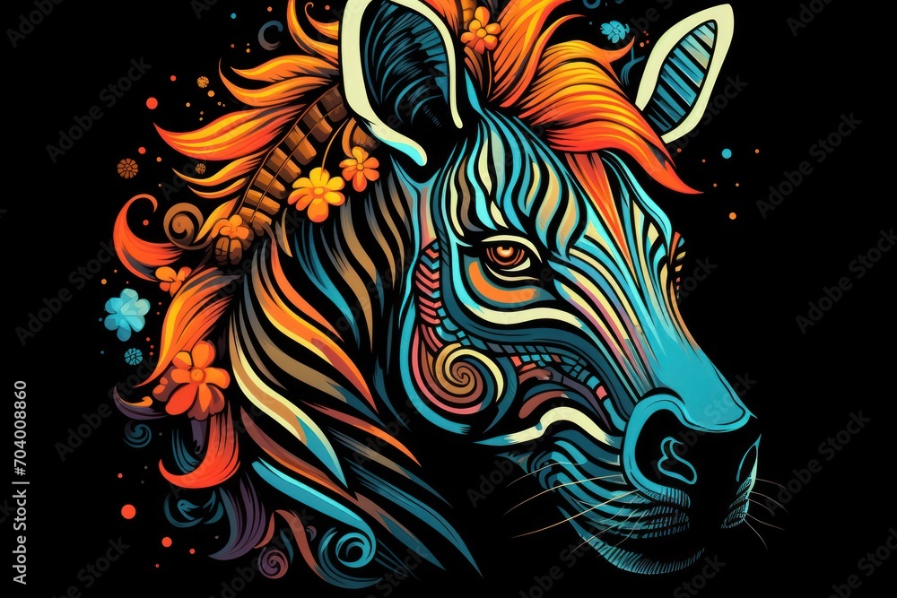  a drawing of a zebra's head with flowers on it's head and a butterfly on its head, on a black background with blue, red, orange, yellow, orange, and blue, and white swirls, and yellow colors.