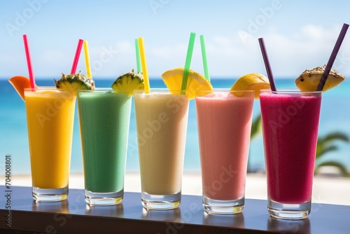  a row of colorful smoothies sitting on top of a table next to a window with a view of the ocean and a blue sky in the distance is a blue sky.