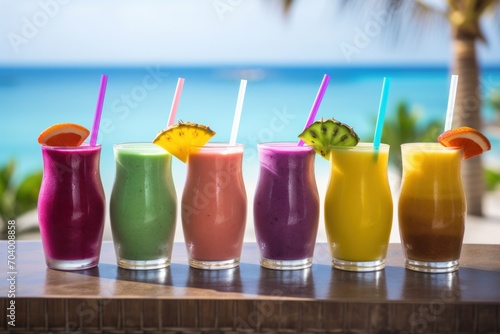  a row of colorful smoothies sitting on top of a wooden table next to a beach with a palm tree and a blue ocean in the backgrounge.