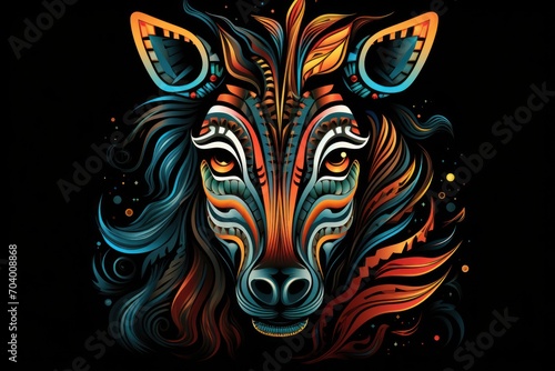  a painting of a wolf s head on a black background with swirls and dots in the shape of a wolf s head with orange  blue  red  yellow  orange  yellow  and blue  and red  and black colors.