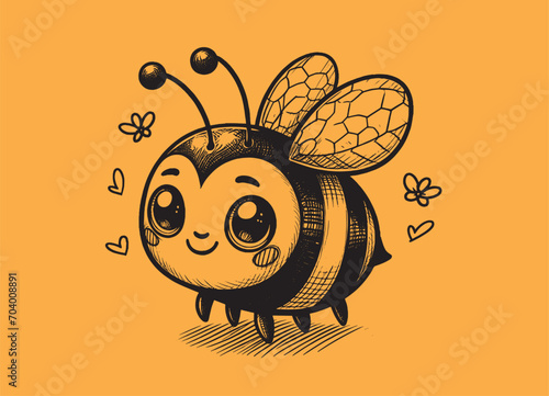Cute cartoon bee bumblebee. Hand drawn sketch with ink and pen. Black lines. Icon. Yellow background