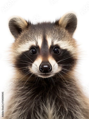 Close-up portrait of a beautiful young raccoon isolated on white background