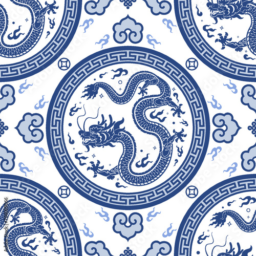 Seamless pattern happy chinese new year 2024 the dragon zodiac sign with asian elements paper cut style on color background. ( Translation : happy new year 2024 year of the dragon )