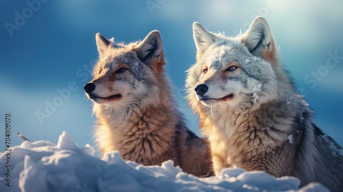  a couple of wolf standing next to each other on top of a snow covered hillside with a blue sky in the background of the picture and a few white clouds in the background.