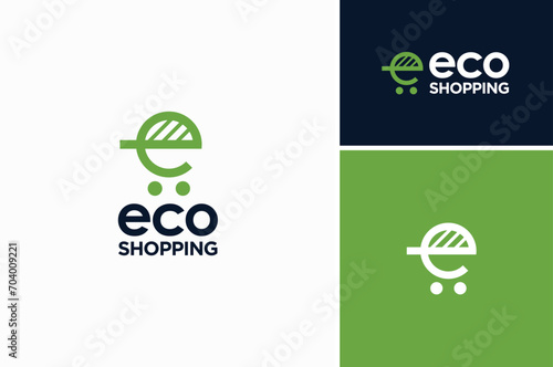 Fresh Leaf with Shopping Cart Letter E for Eco Friendly Shop Store Market Business Logo Design