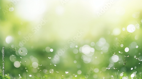 Fond vert clair avec particules de lumières blanches. Arrière-plan de flou et lumière éclatante. Été, printemps. Espace vide pour conception et création graphique.