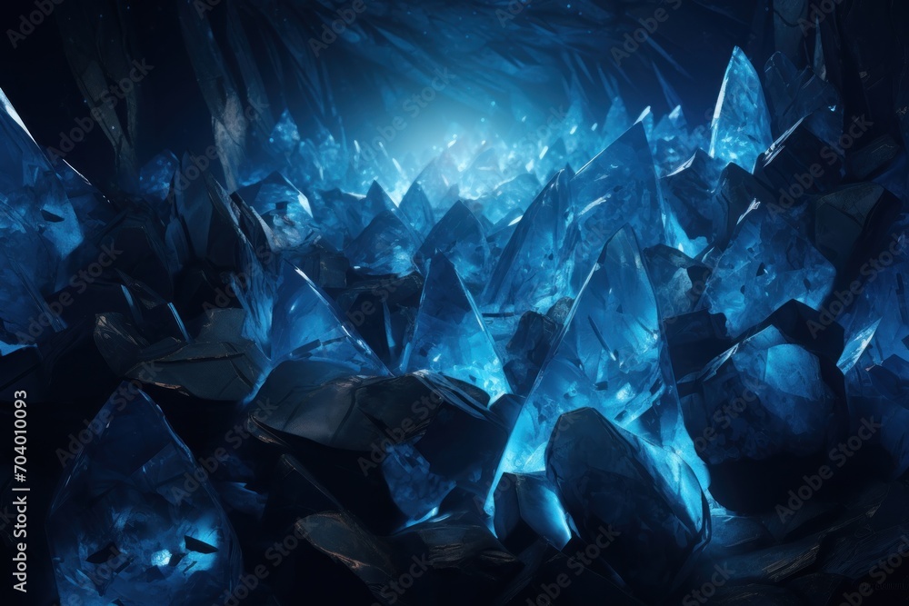 a bunch of ice crystals in a dark cave with a light at the end of one of the crystals in the center of the cave is a bright blue light. a bunch of ice crystals in a dark cave with a light at the end of one of the crystals in the center of the cave is a bright blue light.