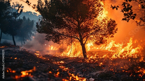 A blazing tree engulfed in inferno, causing a city-wide forest fire and endangering vehicles and their occupants.