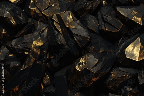  a large pile of black rocks with gold foiling on top of each of the rocks is a dark background with gold foiling on the top of the rocks.