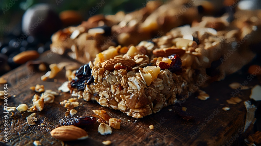 Homemade granola bars with nuts and raisins on a wooden background Homemade granola bars with nuts and raisins on a wooden background