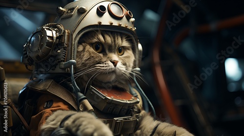 A cat wearing a space helmet is sitting in a spaceship.
