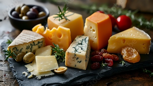 Cheese platter with various types of cheese, olives and rosemary