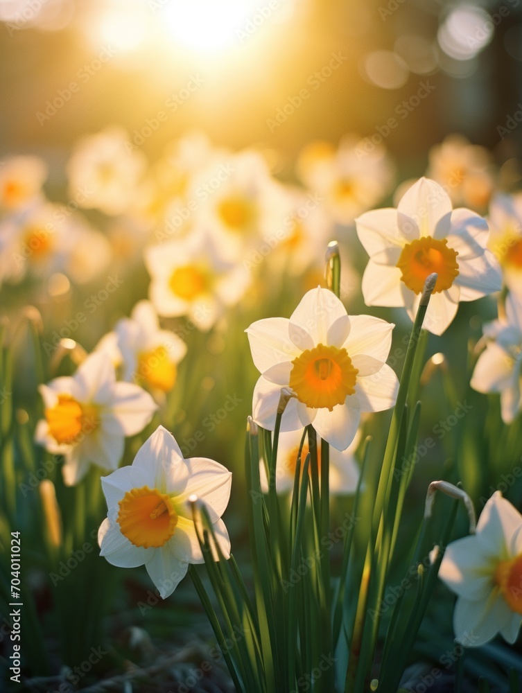 a field of white and yellow daffodils with the sun shining through the clouds in the background and the grass in the foreground in the foreground. a field of white and yellow daffodils with the sun shining through the clouds in the background and the grass in the foreground in the foreground.
