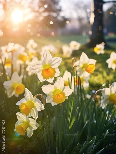  a field of white and yellow daffodils with the sun shining through the trees in the backgrouund of the picture  with the sun shining through the daffodils.