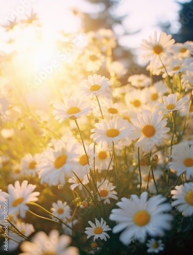  a bunch of daisies in a field with the sun shining through the trees in the background of the picture, with the sun shining through the daisies in the background.