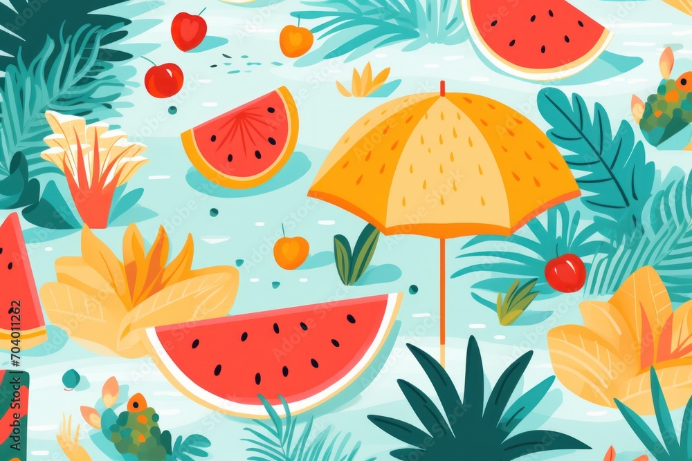 a pattern of watermelon slices, leaves, and plants on a light blue background with a yellow umbrella in the center of the image is a watermelon. a pattern of watermelon slices, leaves, and plants on a light blue background with a yellow umbrella in the center of the image is a watermelon.