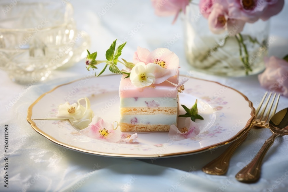 a piece of cake sitting on top of a white plate next to a fork and a glass vase with pink and white flowers on top of a white table cloth. a piece of cake sitting on top of a white plate next to a fork and a glass vase with pink and white flowers on top of a white table cloth.
