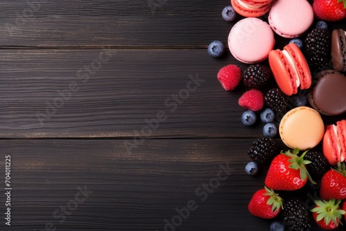  a table topped with lots of different types of macaroons and strawberries on top of a black wooden table next to a cup of chocolate covered with strawberries.
