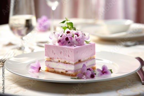  a piece of cake sitting on top of a white plate next to a glass of wine and a plate with a fork and knife on top of a table cloth.