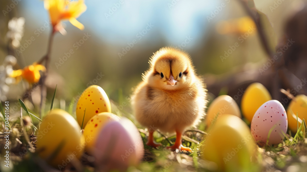 Endearing fluffy yellow chick with Easter eggs in soft pastel colors with vibrant yellow daffodils on background in garden with gentle sunlight. Serene spring scene of Easter Celebrations