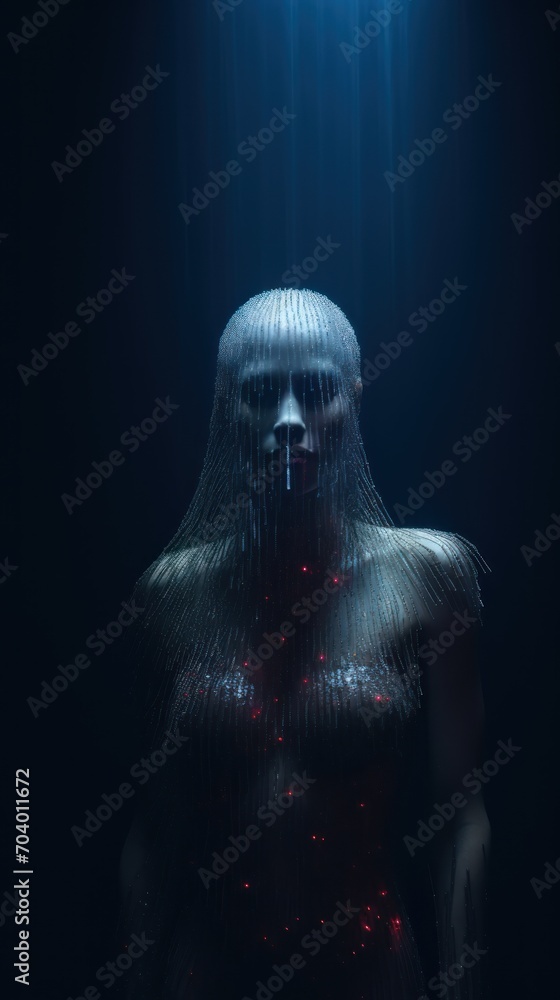  a woman standing in a dark room with a light shining down on her face and her body covered in plastic covering her face with a string of red and string.