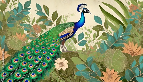 graphic illustration of a peacocks and leaves design for interior project wallpaper photo wallpaper mural poster home decor card packaging