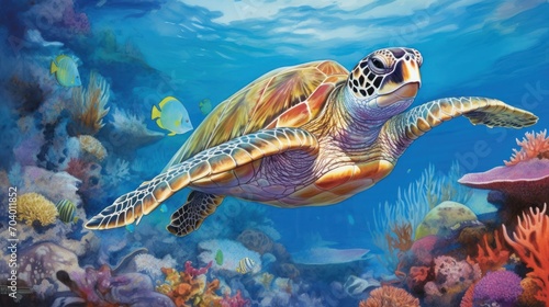  a painting of a green sea turtle swimming over a coral reef with a school of raccoon in the foreground and a school of fish in the background.