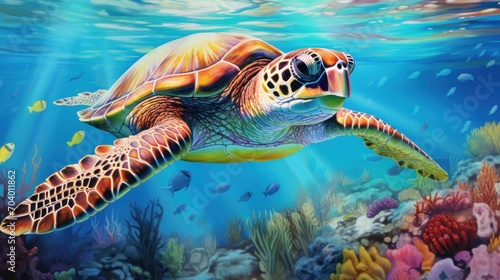  a painting of a green sea turtle swimming over a coral reef with school of raccoon in the foreground and a school of fish in the foreground. © Shanti