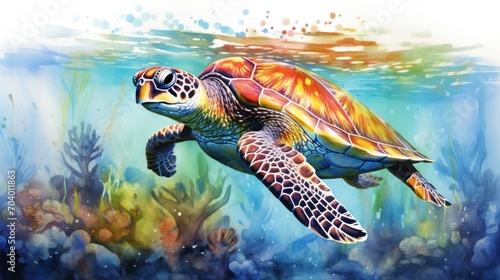  a painting of a green sea turtle swimming in the ocean with corals on the bottom of the water and algae on the bottom of the bottom of the water.