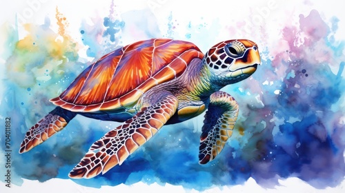  a watercolor painting of a green sea turtle swimming in the ocean with blue and yellow colors on it's back, with a splash of water behind it's head.
