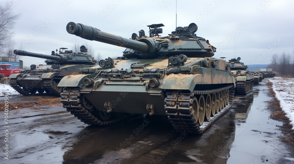 Group of main battle tanks. A convoy of military vehicles travel Group of main battle tanks. A convoy of military vehicles travel