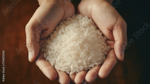 A close-up of a hand holding Japanese rice 