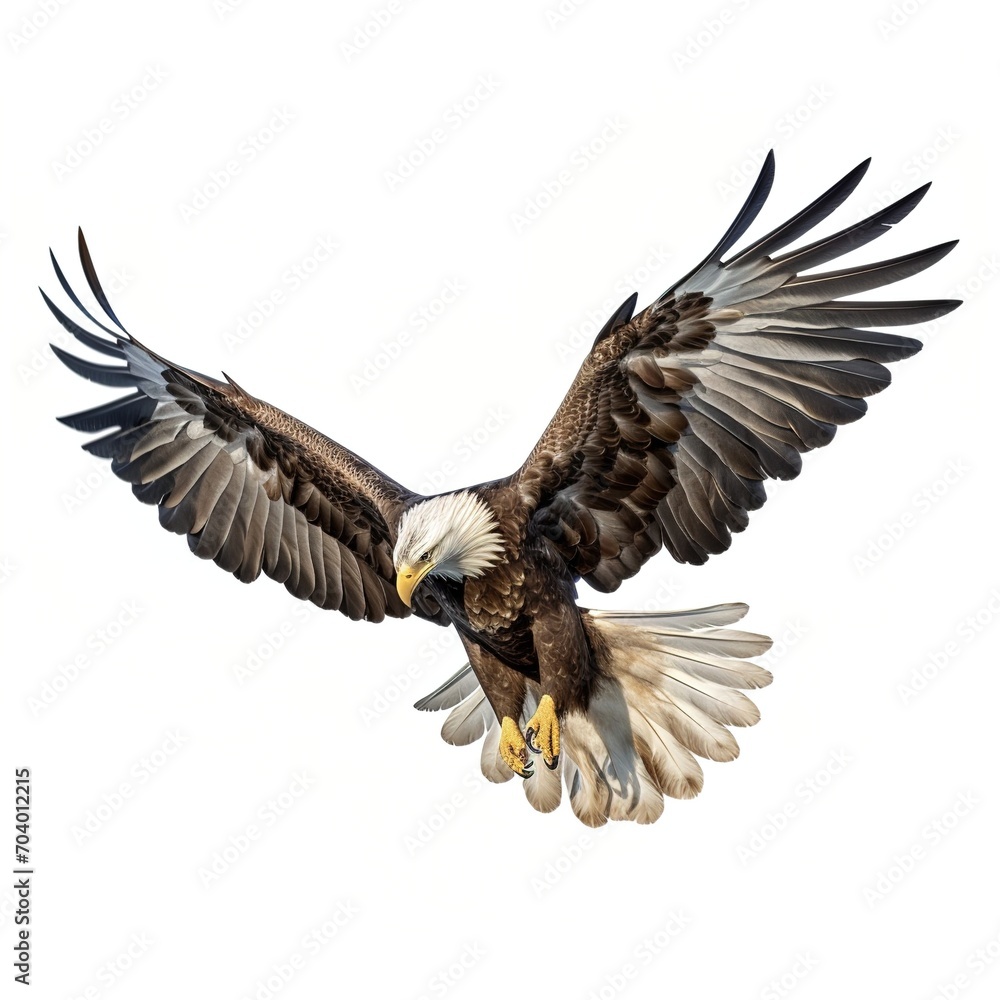 Obraz premium A bald eagle is flying with its wings spread wide