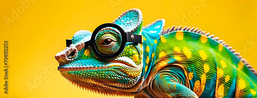 Funny gecko wearing glasses on yellow background. Wide. Mockup.