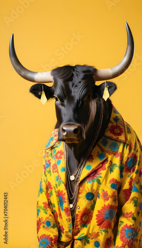 Bull dressed in hippy clothes on yellow background. Humanization of animals concept