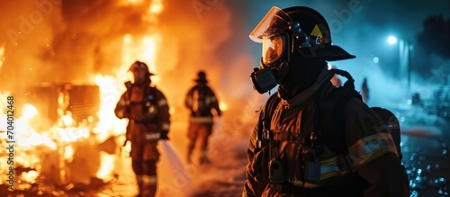 Firefighters with masks put out fire in urban house.