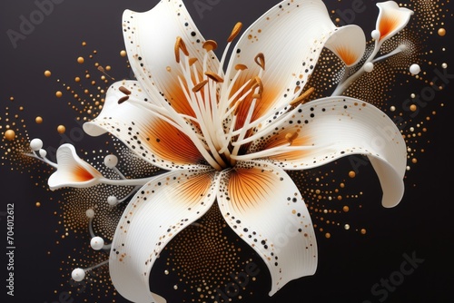  a close up of a white and orange flower on a black background with gold confetti in the center of the flower and a black background with gold dots in the middle of the petals. photo