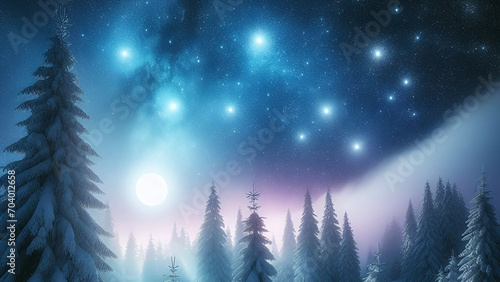 Beautiful view in the forest, to the winter sky with stars and moonlight