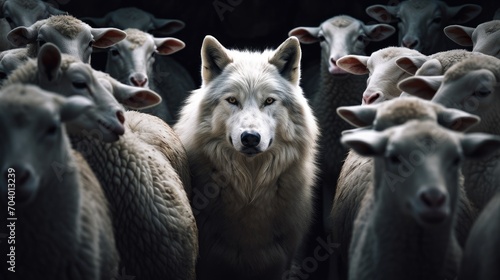 A wolf hiding among a flock of sheep