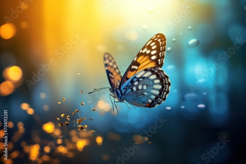  a close up of a butterfly flying in the air with a blurry background and boke of light coming out of the back of the butterfly's wings.