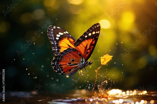  a close up of a butterfly flying over a body of water with a flower in the foreground and a blurry background of leaves and water droplets on the ground. © Shanti