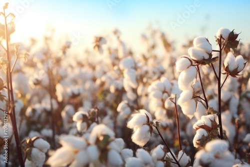  a close up of a cotton plant with the sun shining through the clouds in the background and a blurry image of the cotton in the foreground of the foreground.
