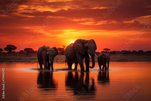  a group of elephants walking across a body of water with the sun setting in the distance behind them and a few clouds in the sky over the top of the water. © Shanti