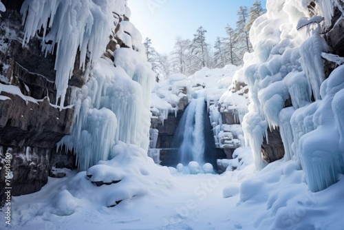  a frozen waterfall in the middle of a forest with snow on the ground and trees on the other side of the waterfall, with a bright blue sky in the background.