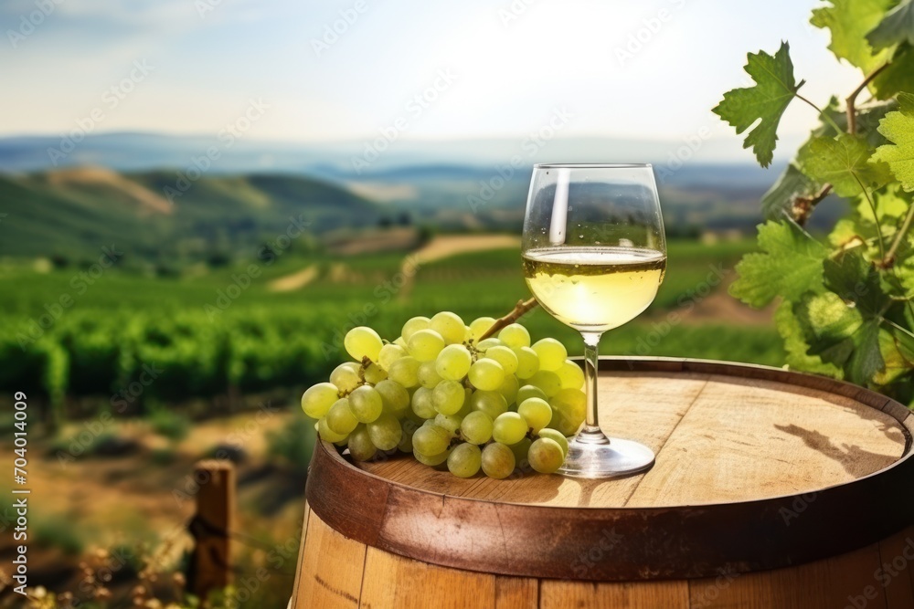  a glass of white wine sitting on top of a barrel next to a bottle of wine and a bunch of grapes on a barrel with a vineyard in the background.