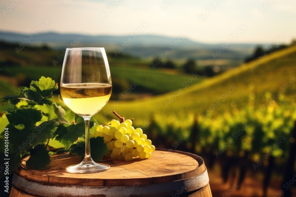  a glass of wine sitting on top of a barrel next to a bottle of wine and a bunch of grapes on top of a barrel with a vineyard in the background.