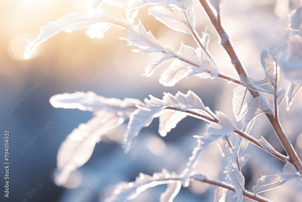  a close up of a plant with frost on it's leaves and the sun shining through the leaves on the other side of the plant is a blurry background.