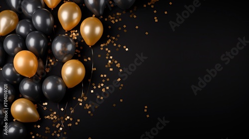 black background with gold and silver balloons, birthday banner copy space, backdrop
